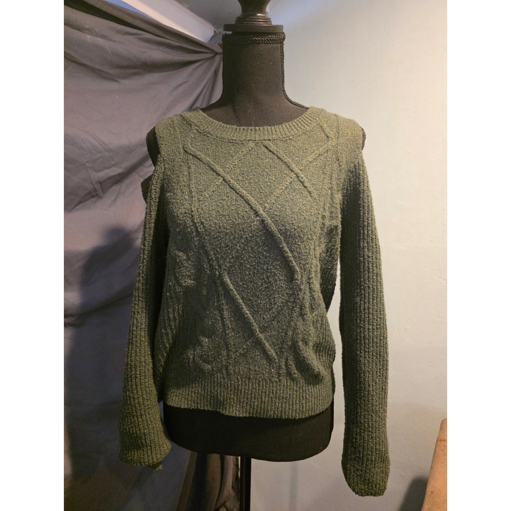 Mi Ami Women's Olive Green Cable Knit Cold Shoulder Sweater Y2K Boho Whimsigoth